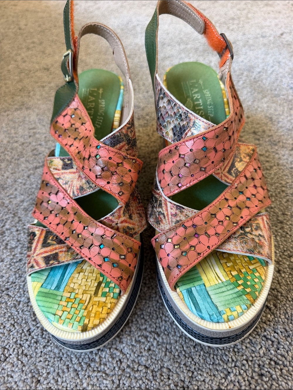 L'Artiste Coral Pink Multicolor Wedge Sandals